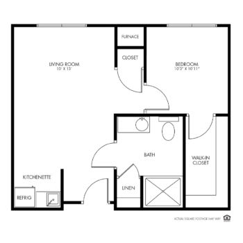 This image shows a simple floor plan of an apartment, including areas for a living room, kitchen, bedroom, and bathroom.
