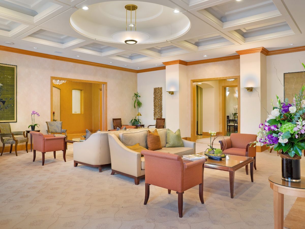 A modern lobby with comfortable seating and elegant interior design.