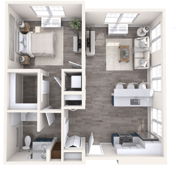A modern one-bedroom apartment floor plan with an open-concept living and kitchen area.