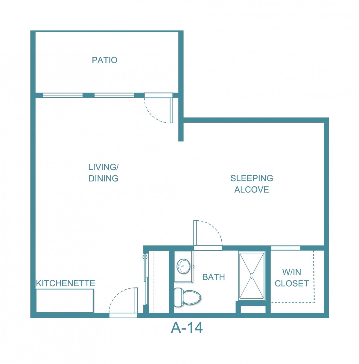Studio apartment floor plan with a living area, sleeping alcove, kitchen, bath, and walk-in closet.