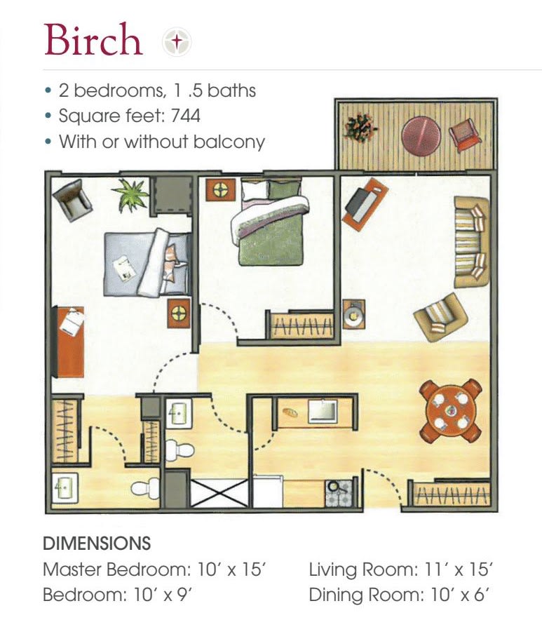 A detailed floor plan of a two-bedroom, one and a half bathroom apartment with an optional balcony.