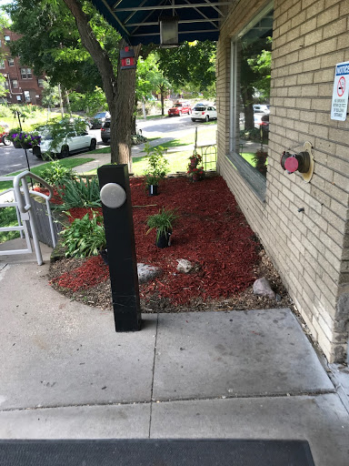 A well-maintained entrance area featuring a landscaped garden with plants and decorative mulch.