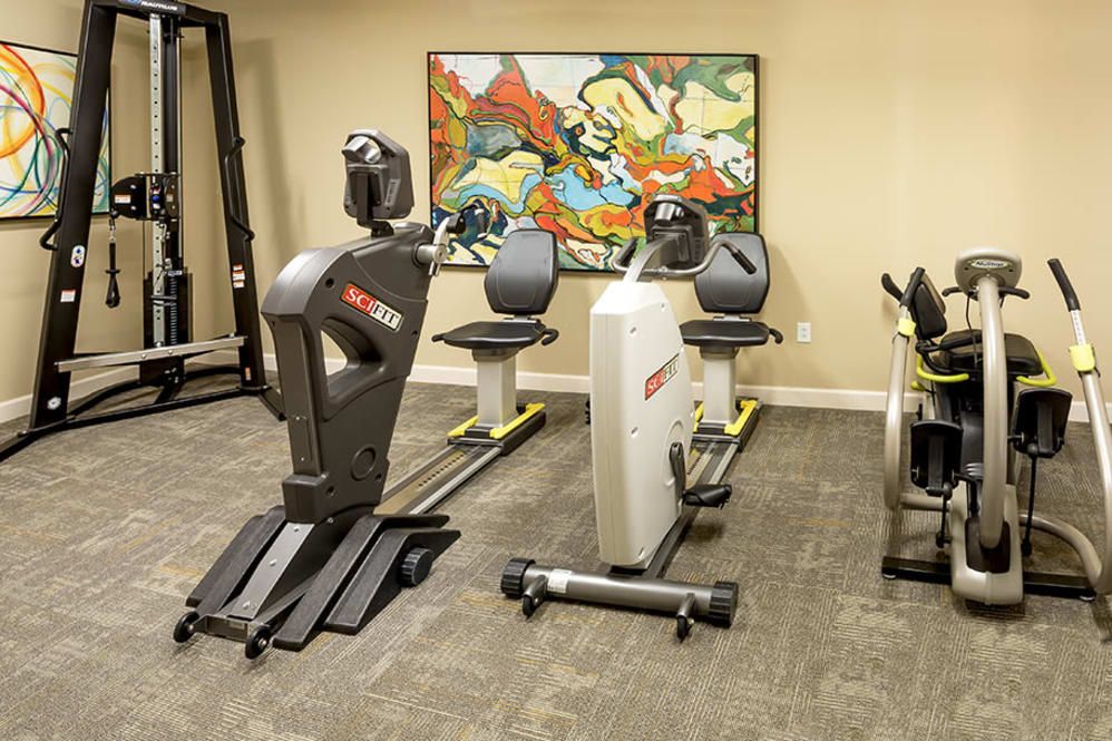 A gym with various exercise machines and a colorful abstract painting on the wall.