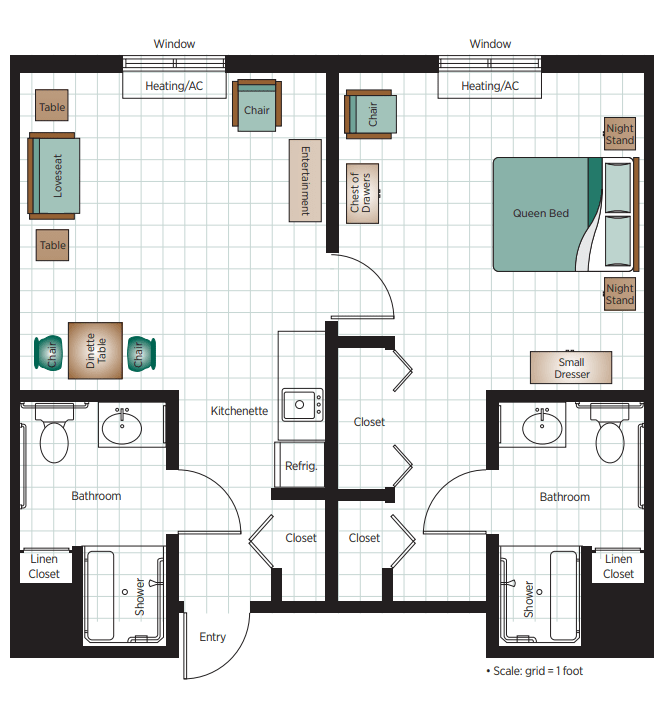 A floor plan of a two-bedroom apartment featuring separate bathrooms, a common living area, and kitchen.