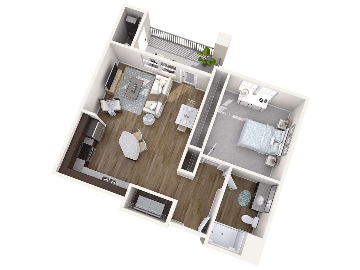 A 3D rendered floor plan of a modern one-bedroom apartment, featuring a living area, kitchen, and bathroom.