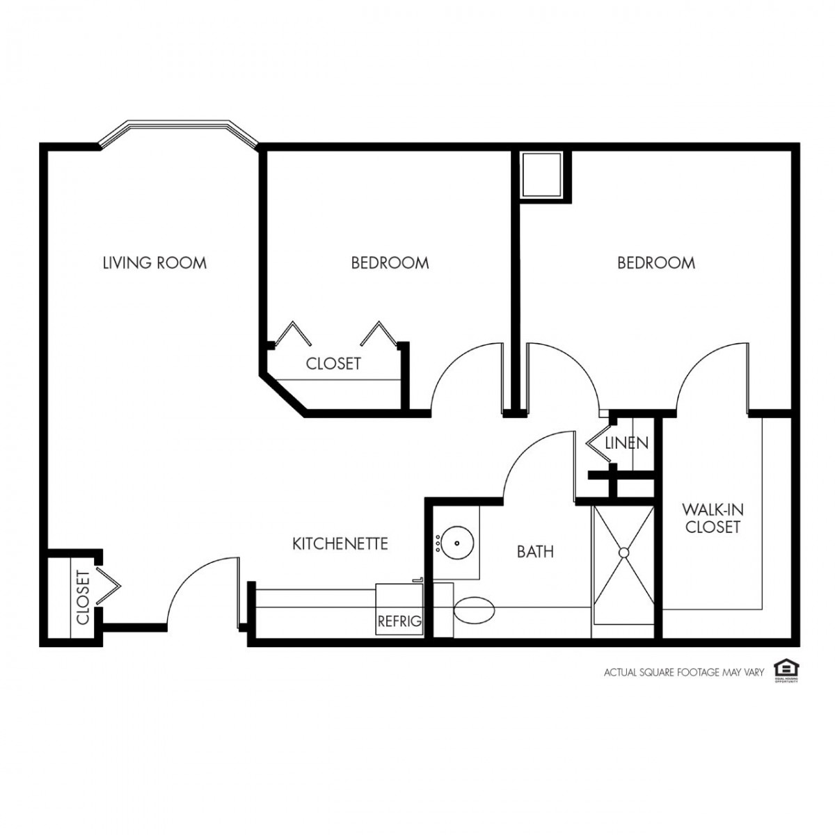 A floor plan of a two-bedroom apartment with a living room, kitchen, bathroom, and closet.