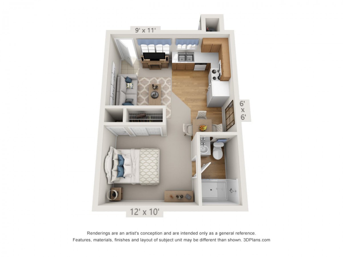 A 3D rendered floor plan of a one-bedroom apartment, featuring a living room, kitchen, and bathroom.