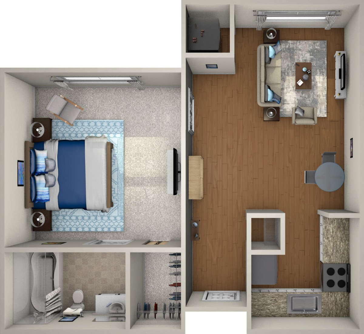 A 3D rendered floor plan of a one-bedroom apartment showcasing the layout and interior design.