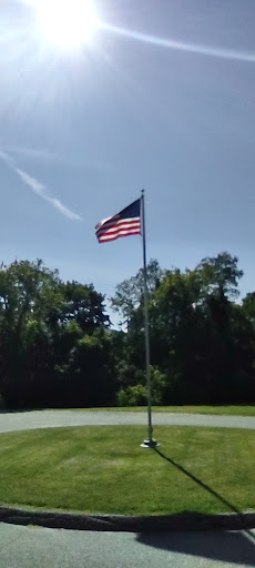 A waving United States flag against a clear blue sky, surrounded by lush greenery.