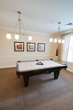 A well-lit game room featuring a pool table and framed artwork on the walls.