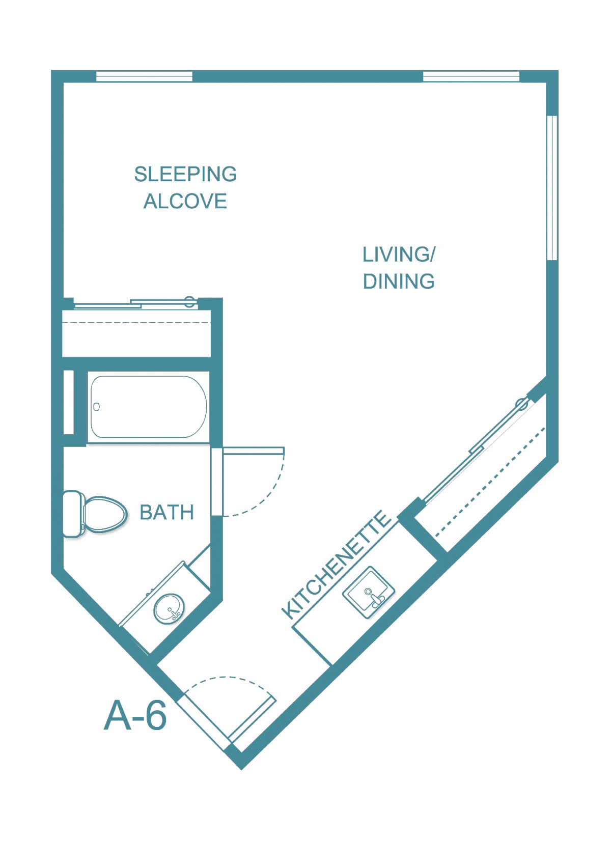 Studio apartment floor plan with sleeping alcove and living/dining area.