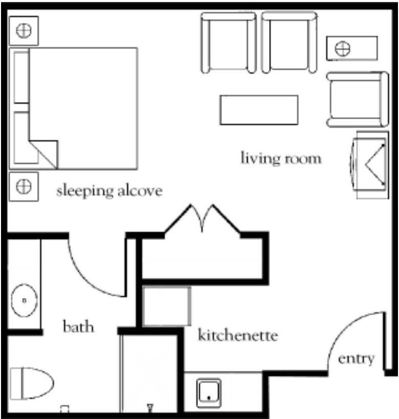 A floor plan of a studio apartment featuring a living room, sleeping alcove, kitchenette, bathroom, and entryway.