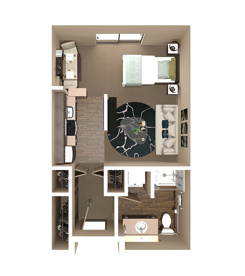 A detailed floor plan of a modern one-bedroom apartment featuring an open living area, kitchen, and bathroom.