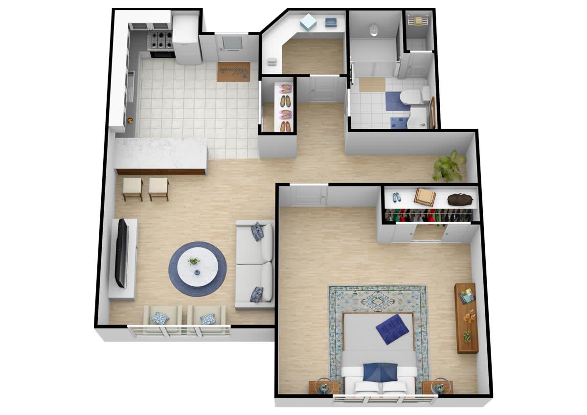 A detailed 3D floor plan of a one-bedroom apartment featuring a living room, kitchen, bathroom, and hallway space.