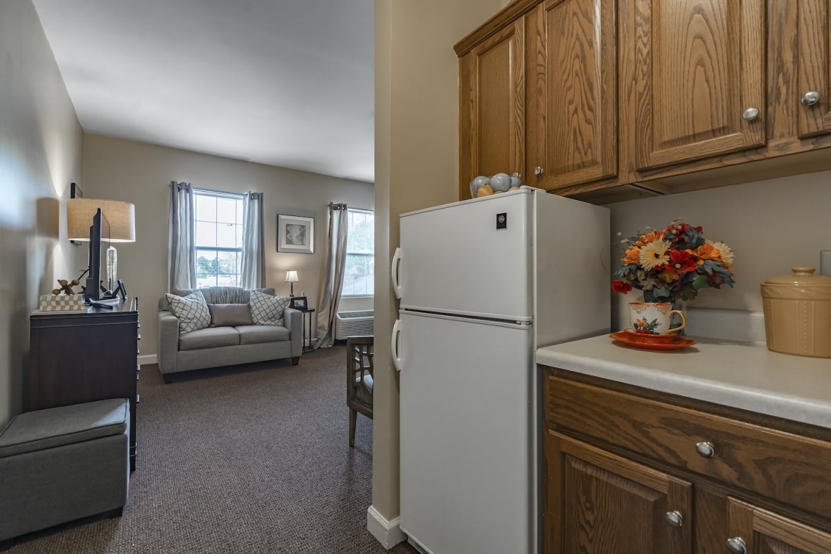 A cozy living space with an adjoining kitchen, featuring a fridge and wooden cabinets.