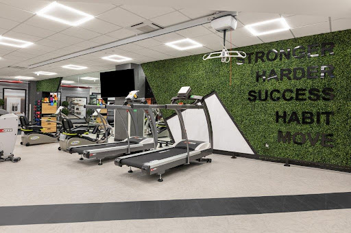 A modern indoor gym featuring treadmill machines and a vibrant green wall.