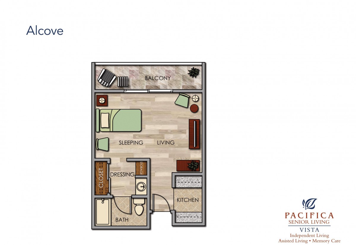 Studio apartment floor plan with balcony, showing living area, kitchen, and bathroom.