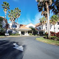 Front view of a building with palm trees and a driveway on a sunny day.