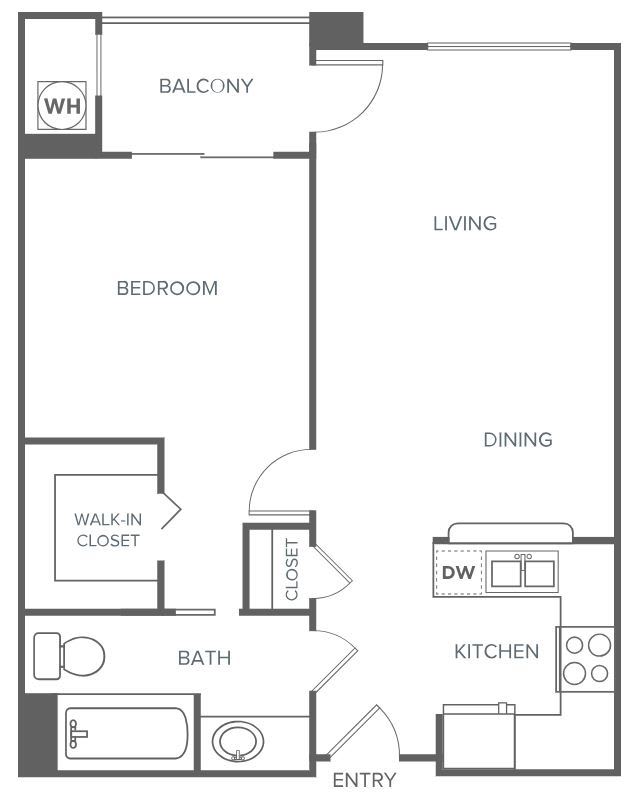 A one-bedroom apartment floor plan featuring a kitchen, dining area, living room, balcony, bathroom, and walk-in closet.