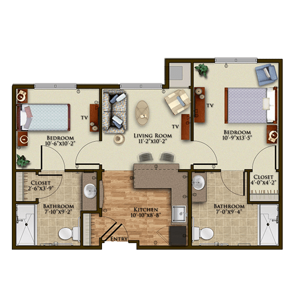A floor plan of a two-bedroom apartment with a kitchen, living room, and bathroom.