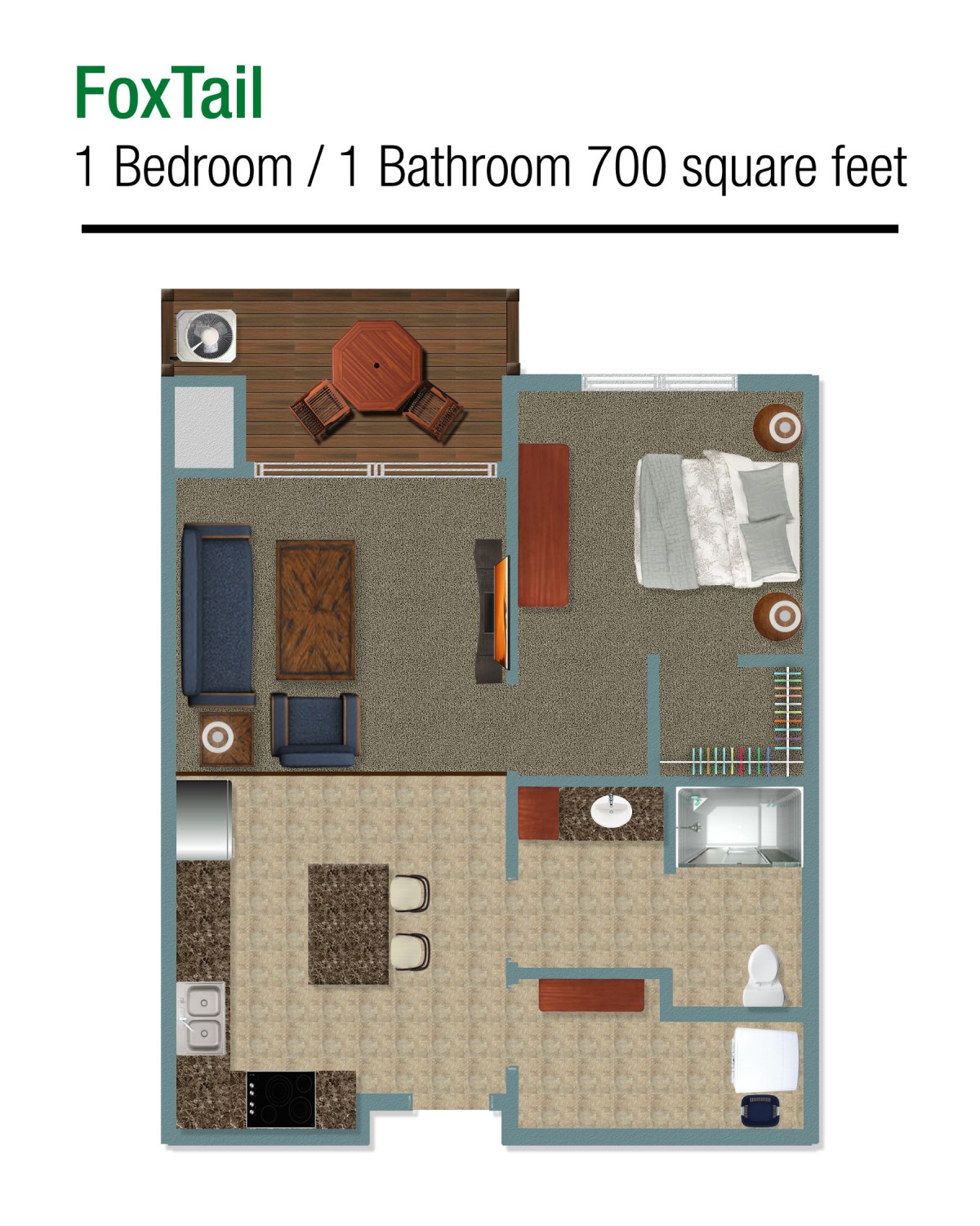 A floor plan of a 1 bedroom, 1 bathroom apartment with a total area of 700 square feet.