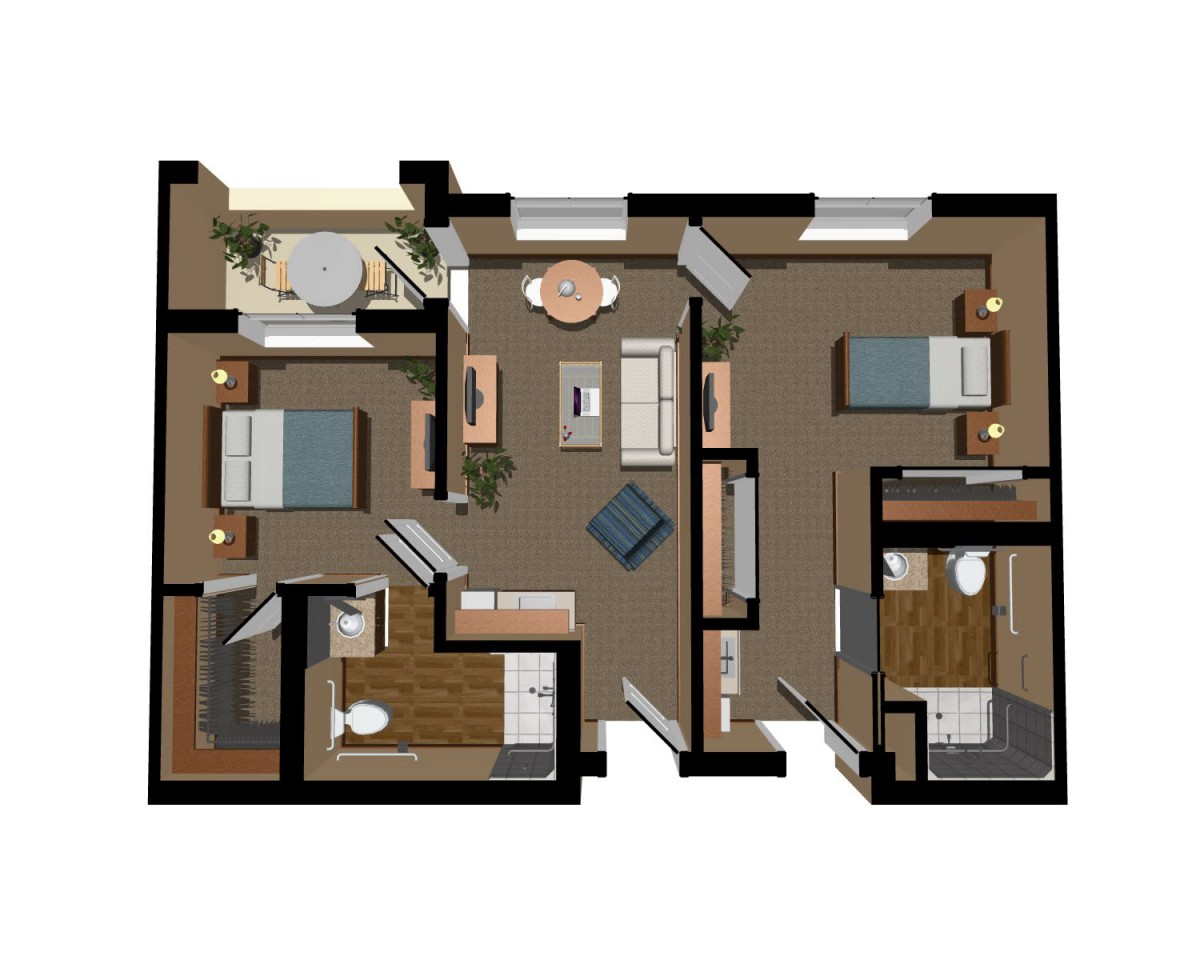 A 3D floor plan of an apartment featuring multiple rooms and a detailed interior layout.