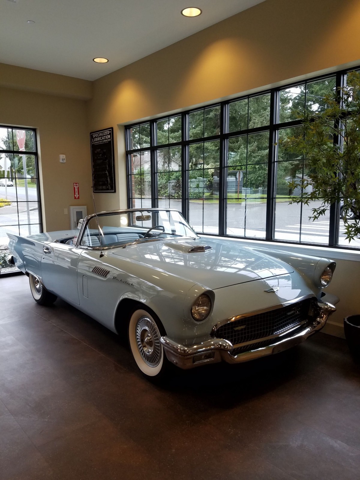 A classic convertible car displayed in a showroom.