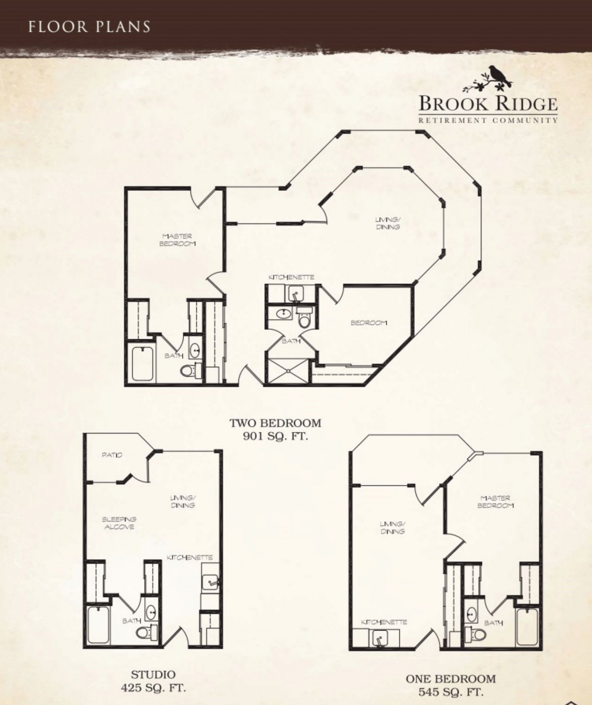 Floor plans for a multi-level residential space by Heron Ridge.