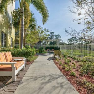 A sunny outdoor pathway lined with benches and lush greenery, providing a tranquil garden setting.