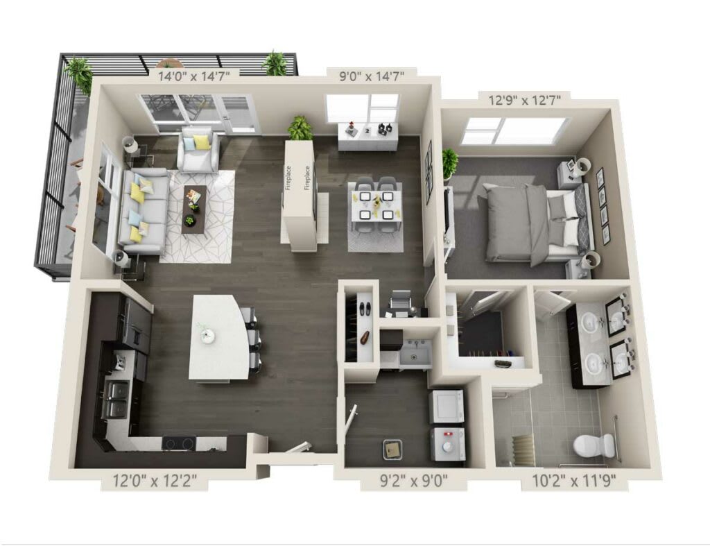 A 3D floor plan of a modern two-bedroom apartment featuring an open concept living area and kitchen.
