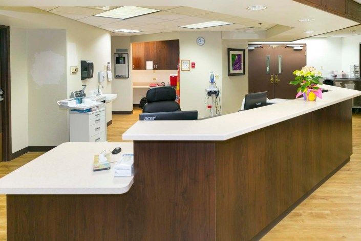 A clean and modern reception area in an office setting.