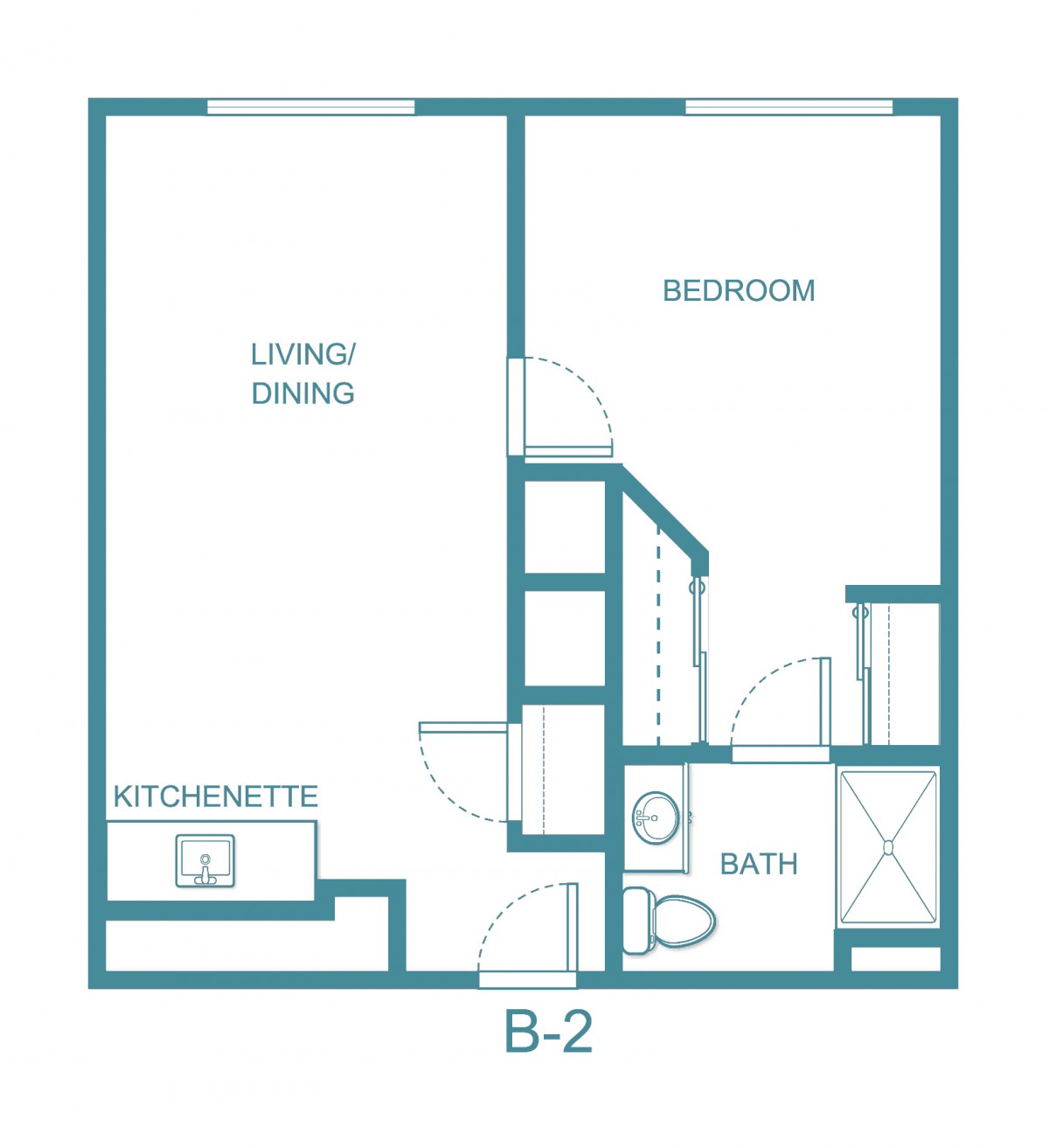 A floor plan of a one-bedroom apartment featuring a living/dining area, kitchenette, bathroom, and bedroom.