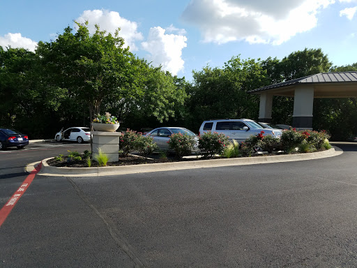 A view of a parking area surrounded by greenery and blue skies.