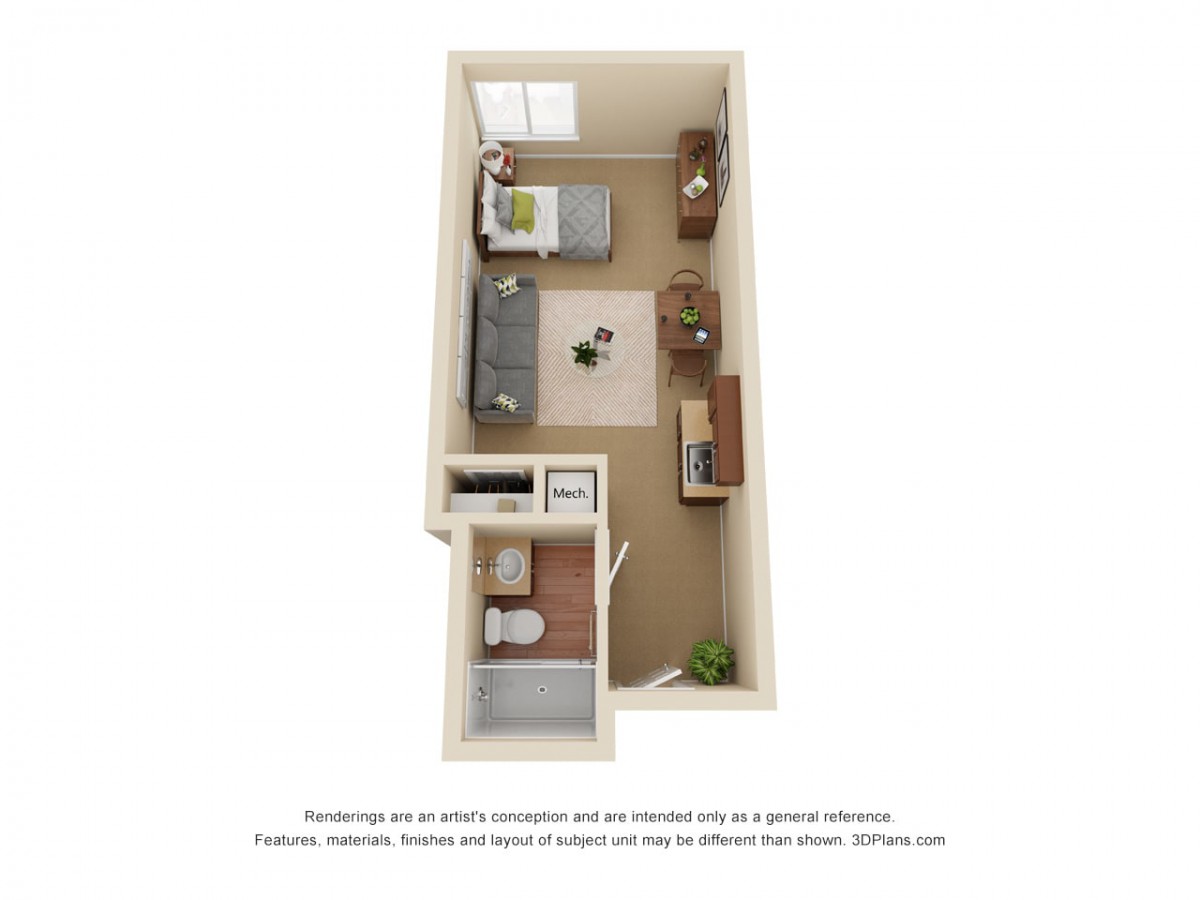 3D rendering of a studio apartment floor plan with designated living and sleeping areas.
