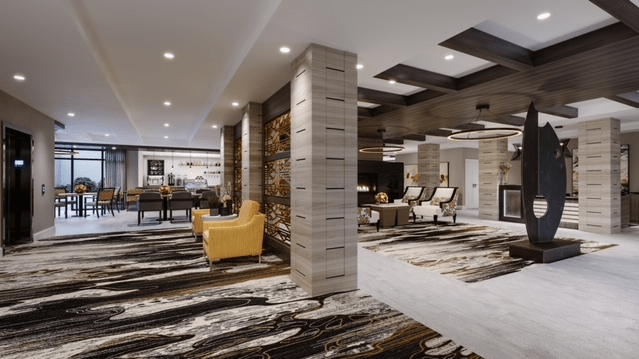 A modern hotel lobby with stylish furniture and contemporary decor.