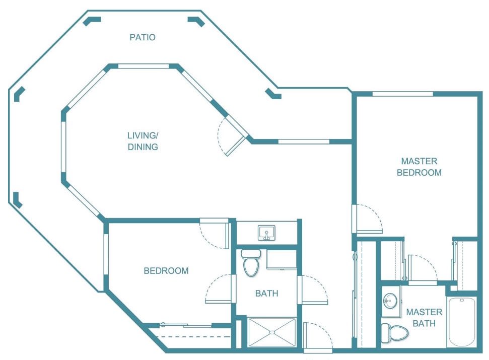 Floor plan of an apartment layout featuring a living room, bedroom, bathroom, and patio.