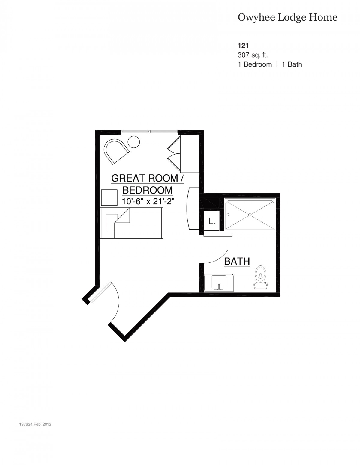 Studio apartment floor plan with a great room and bathroom.
