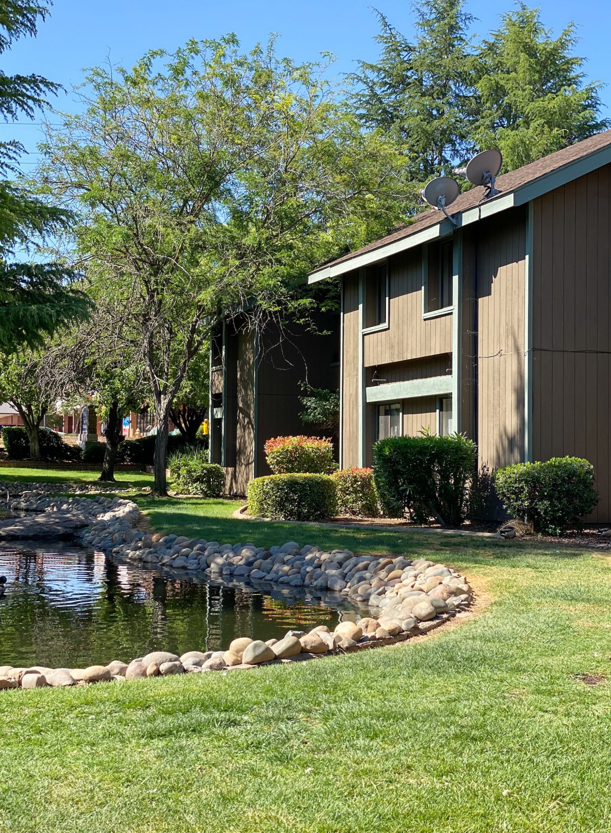 A tranquil apartment complex with a view of a pond and surrounding greenery.