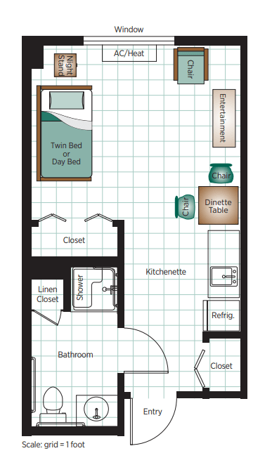 Studio apartment floor plan with labeled room features.