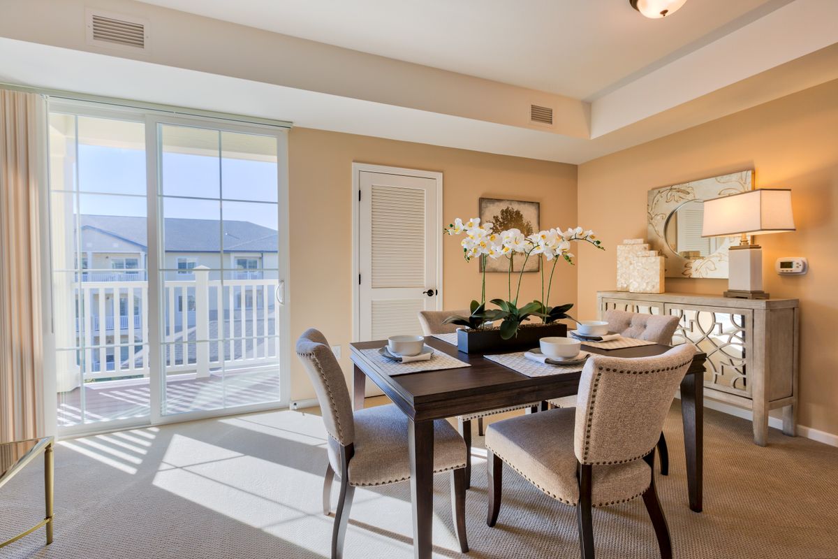 A well-lit dining room with a modern setup, featuring a table and chairs, complemented by a decorative plant and natural light streaming through the windows.