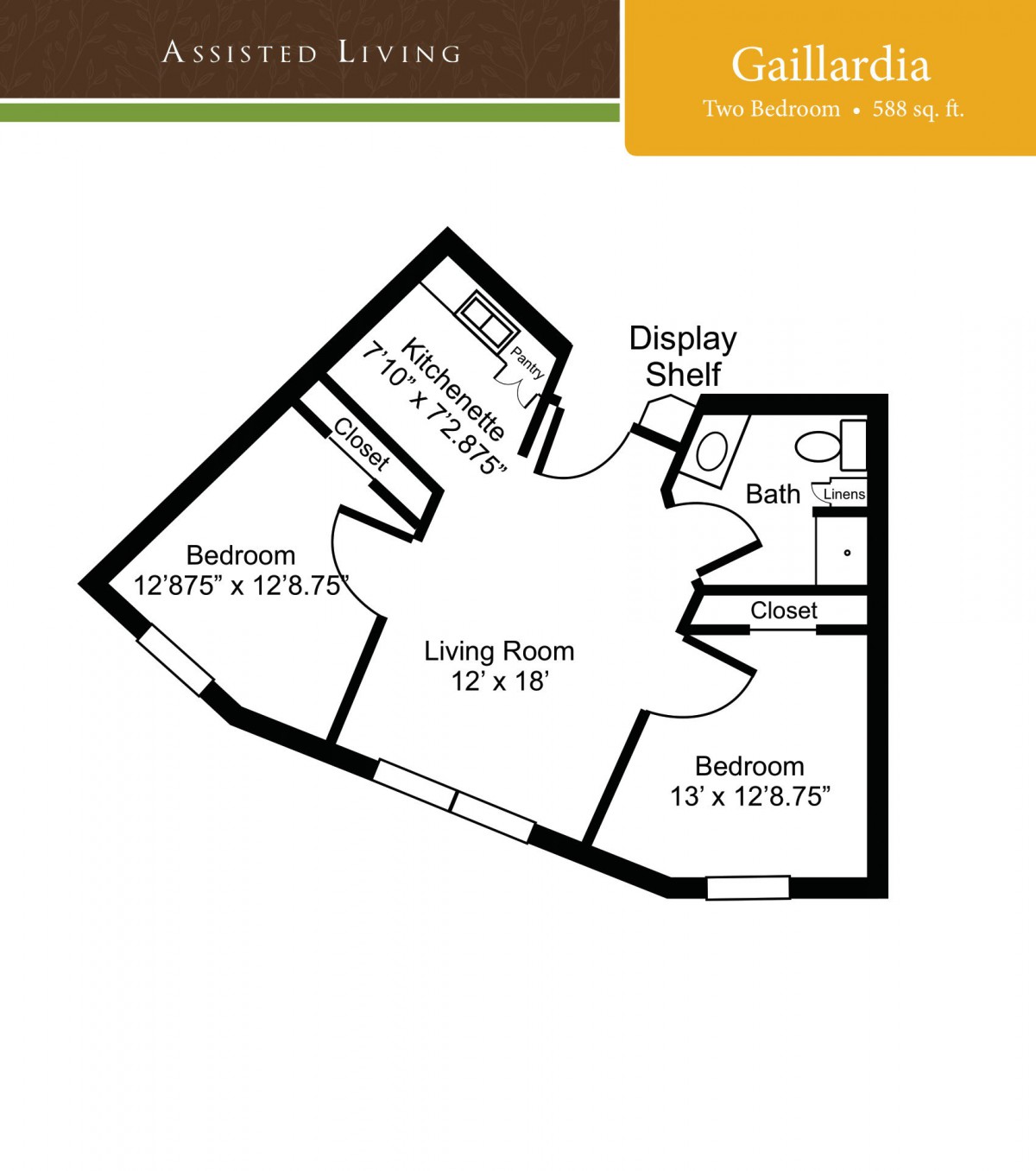 A floor plan showing a two-bedroom apartment layout with a living room, bathroom, and kitchen.