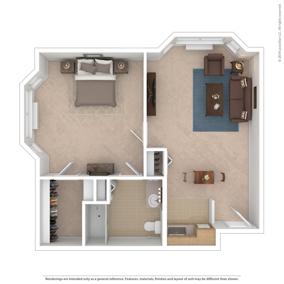 A 3D floor plan of a one-bedroom apartment featuring a bedroom, living room, kitchen, and bathroom.