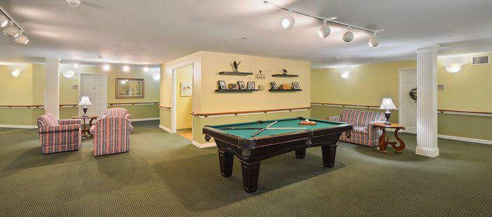 A cozy game room featuring a pool table and decorative shelving.