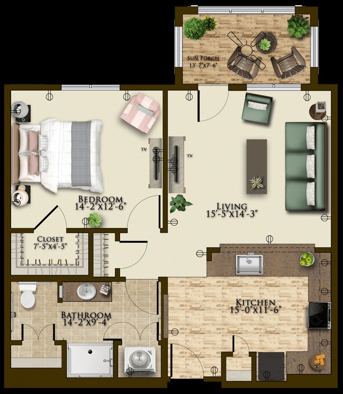 A detailed floor plan of an apartment showcasing two bedrooms, a kitchen, living room, and bathroom.