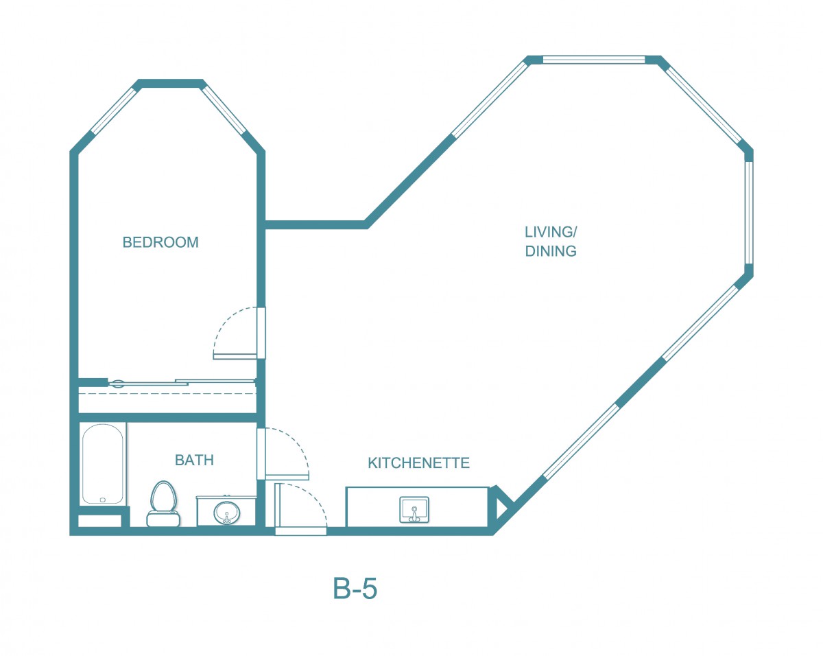 A floor plan of a one-bedroom apartment with labeled areas for bedroom, living room, bathroom, and kitchen.