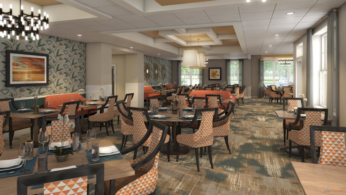 A cozy dining area with stylish interior design, featuring patterned chairs and elegant lighting.