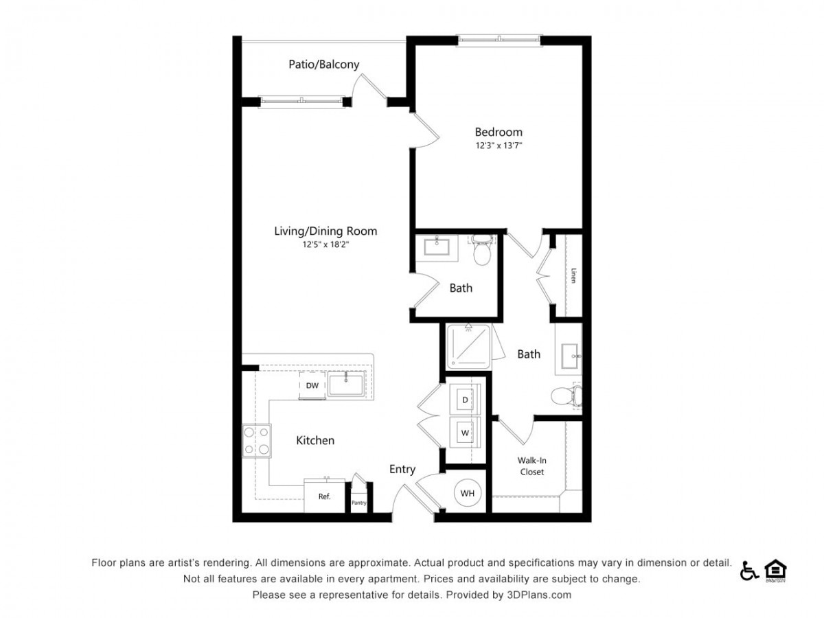 This is a floor plan of a one-bedroom apartment featuring a living/dining area, kitchen, bathroom, and balcony.