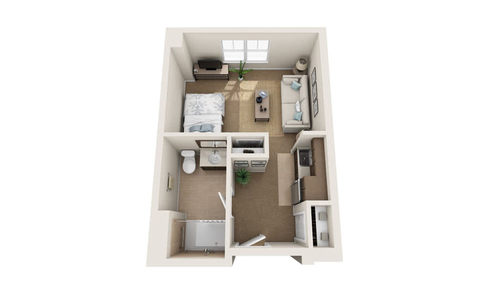 3D floor plan of a one-bedroom apartment including a living room, kitchen, and bathroom.