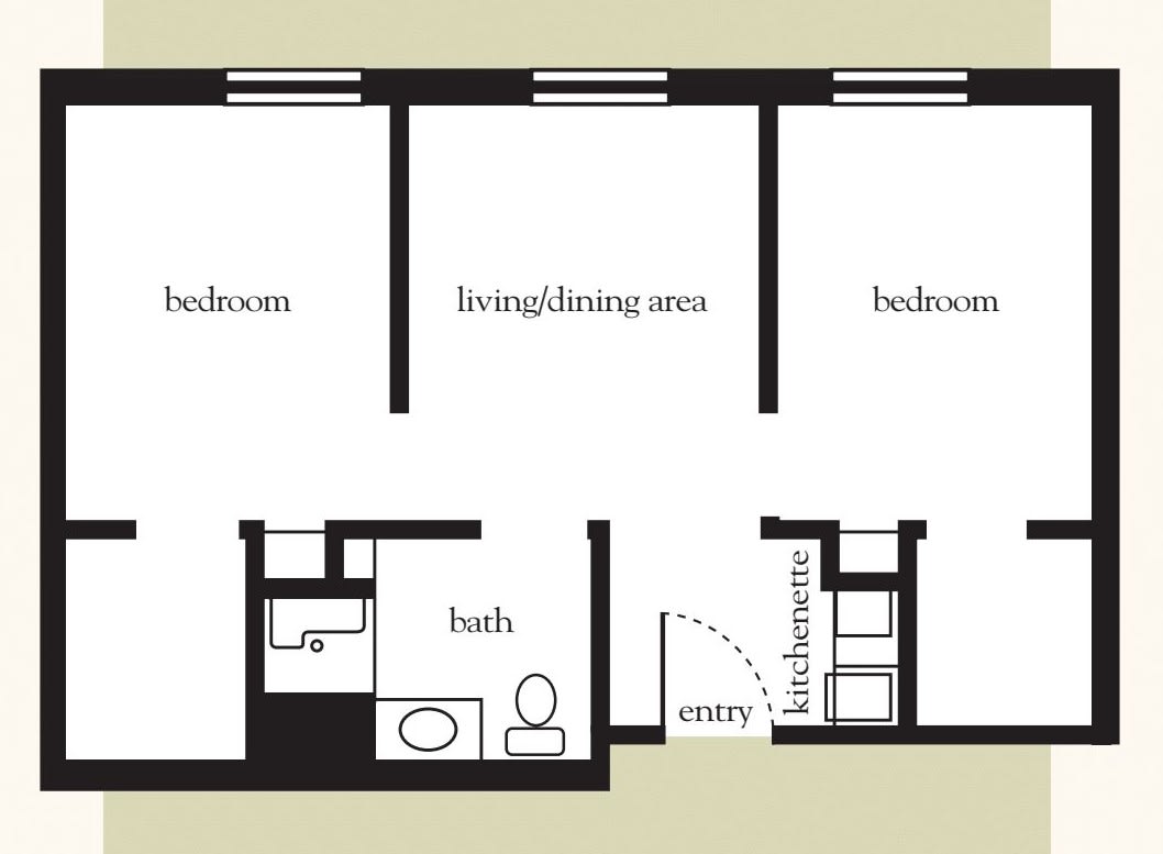 A simple floor plan of a two-bedroom apartment with a living area and bathroom.