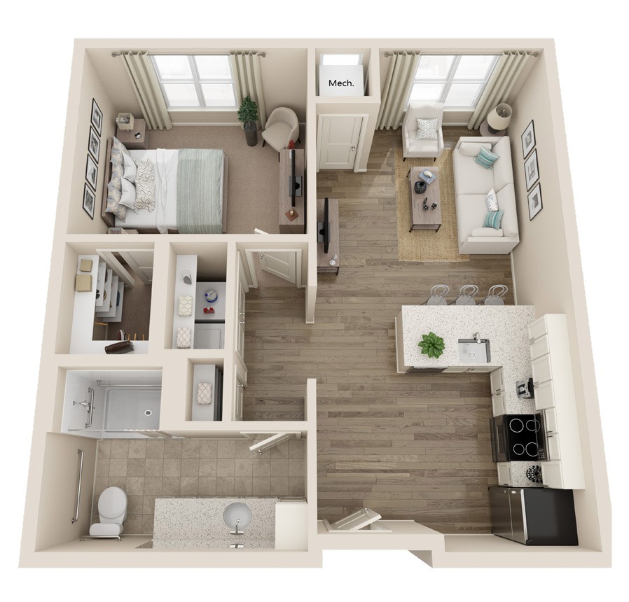 A 3D floor plan of a one-bedroom apartment featuring an open kitchen and living area.